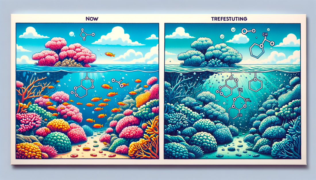 Coral reef comparison illustration before and after coral bleaching event. Demonstrating what ocean acidification is, seacret marine science news blog