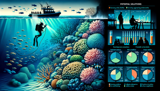 Diver studying a coral reef affected by ocean acidification, surrounded by fish and colorful corals. The infographic shows solutions like growing safer habitats and increasing ocean alkalinity, alongside charts on reef health and CO2 reduction efforts.