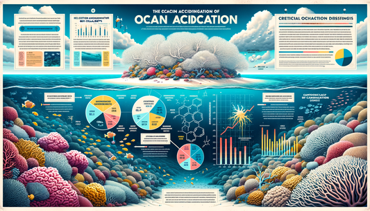 Illustration of coral reef covered with graphs and statistics showcasing the impact of ocean acidification. Marine Science news blog, seacret sustainable fashion brand