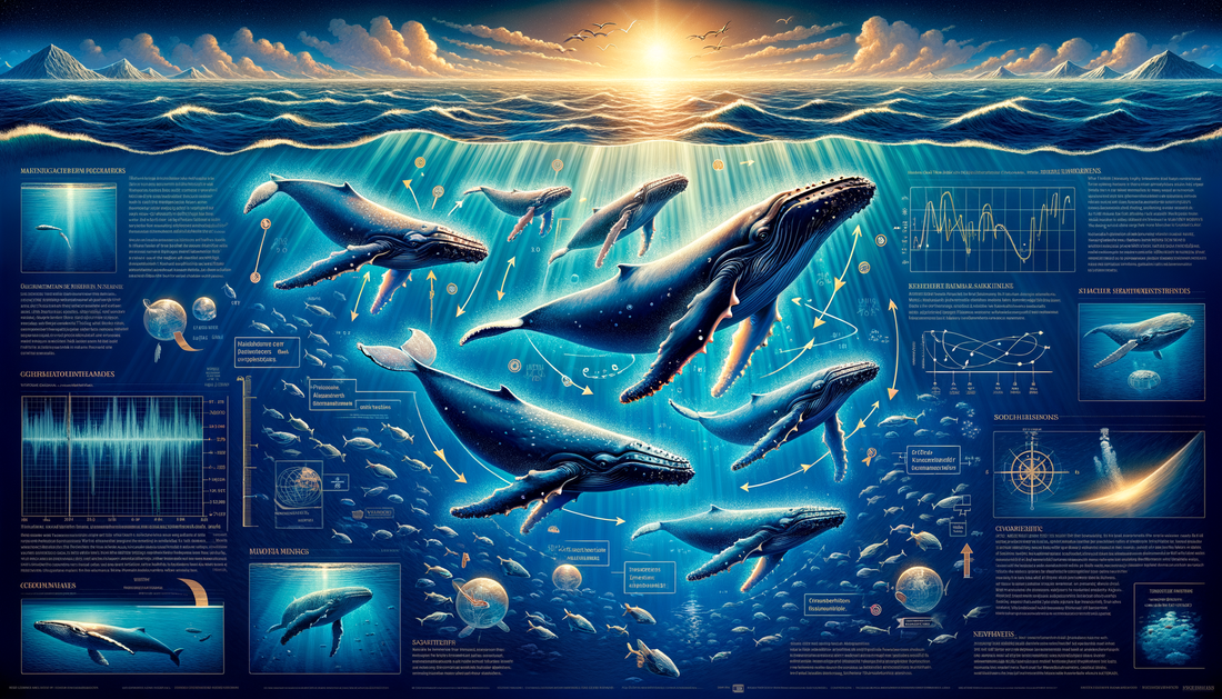 Why Do Humpback Whales Migrate? Image shows pod of whales under the surface with sun light coming through. Illustrations of various graphs on the edges of the image. AI image Secret clothing brand Ocean Inspired apparel. 