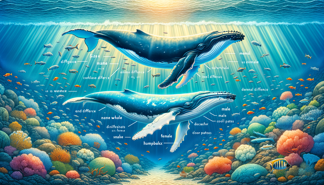 what are the differences between male and female humpback whales, Seacret marine wildlife blog, illustration image of two whales underwater with coral reef around. male humpback whale and female humpback whale.  