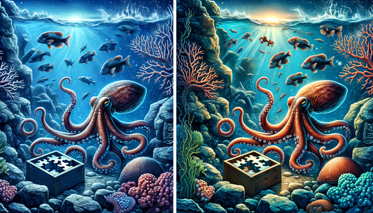 Octopus day and night comparison AI art, showcasing coral reef and a puzzle, seacret life of octopus, marine wildlife blog, Seacret Online fashion