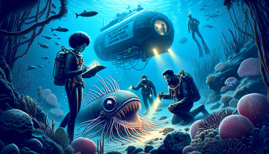 Explorers study a mysterious deep-sea creature in the Mariana Trench, surrounded by marine life. The team uses advanced diving gear and a submersible to investigate this unknown species.