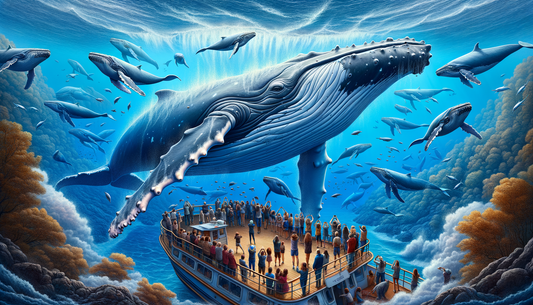 Boat filled with guests looking at a humpback whale swimming underwater. Ai image. Humpback whale. Why do people love humpback whales. Seacret online store 