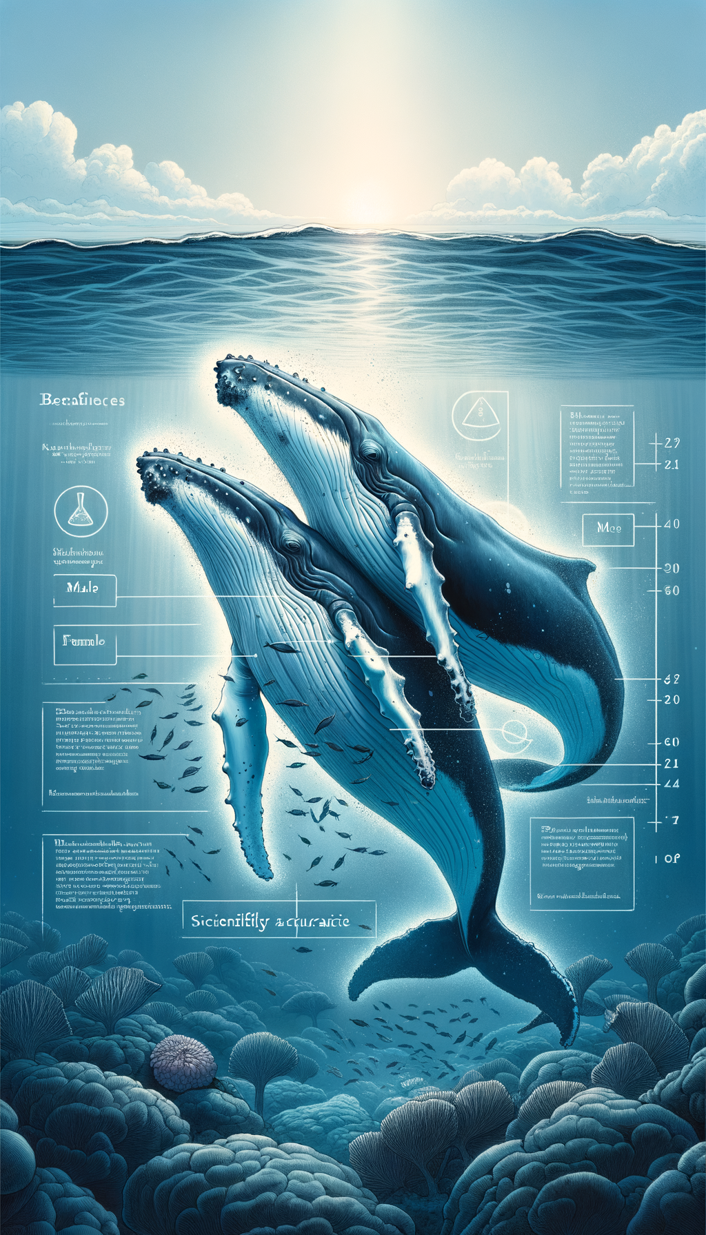 Illustration of two humpback whales underwater, showing size and anatomical differences between a larger female and smaller male, with scientific infographics.