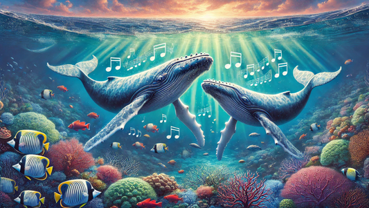 Underwater scene of humpback whales swimming with musical notes, surrounded by a vibrant coral reef and illuminated by sunlight.
