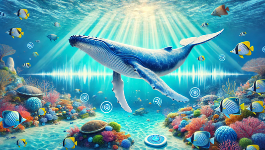 A humpback whale swims gracefully in clear blue waters, surrounded by vibrant marine life, illustrating its complex communication patterns with sound waves radiating outward.