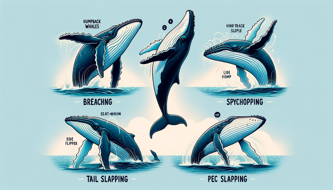 AI image showcasing humpback whale behaviours such as breaching, tail slapping and spy hopping. Blog for Seacrets Marine Wildlife Blog, understanding humpback whales