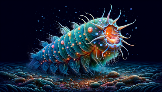 Colorful deep-sea creature with glowing patterns and bioluminescent features crawling on the ocean floor, surrounded by rocks and marine life.