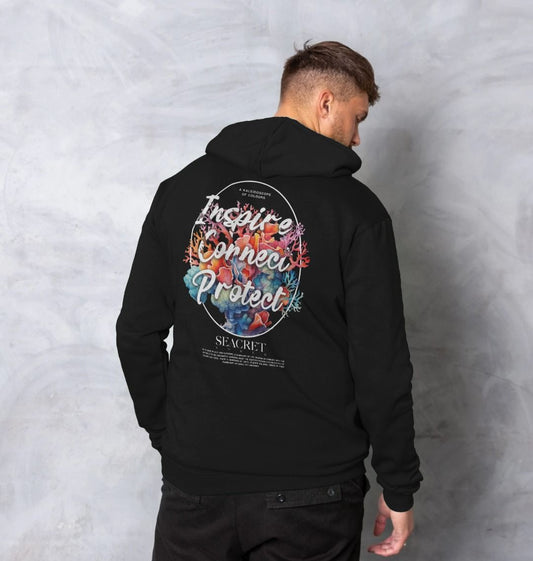 Our men's super soft hoodie features a large back print with coral design and "Inspire, Connect, Protect" message. Made from sustainable organic cotton and recycled materials, it promotes marine conservation and combats marine plastic pollution in the ocean. Shop now for sustainable organic clothing that supports marine conservation!