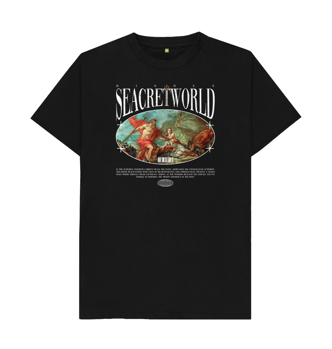 Discover Seacret’s Men's Organic Cotton T-Shirt featuring Poseidon, God of the Sea. This sustainable, super soft tee supports marine conservation and helps fight marine plastic pollution in the ocean. Stay stylish and eco-friendly knowing this can be recycled men's t-shirt, perfect for ocean lovers. 