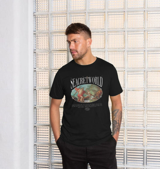 Discover Seacret’s Men's Organic Cotton T-Shirt featuring Poseidon, God of the Sea. This sustainable, super soft tee supports marine conservation and helps fight marine plastic pollution in the ocean. Stay stylish and eco-friendly knowing this can be recycled men's t-shirt, perfect for ocean lovers. 