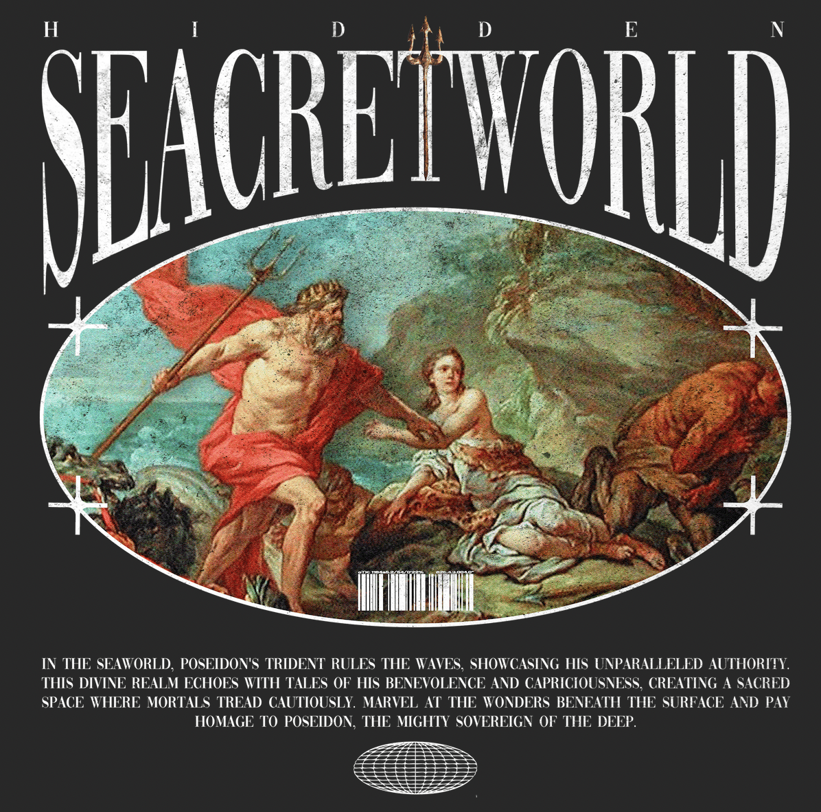 Discover Seacret’s Men's Organic Cotton T-Shirt featuring Poseidon, God of the Sea. This sustainable, super soft tee supports marine conservation and helps fight marine plastic pollution in the ocean. Stay stylish and eco-friendly knowing this can be recycled men's t-shirt, perfect for ocean lovers. 