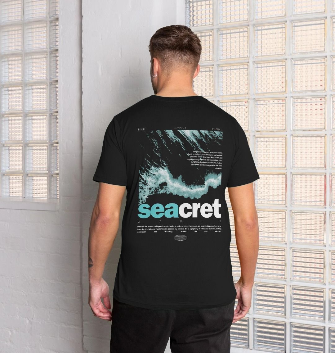 Discover the best comfy T-shirts with Seacret's super soft, organic cotton tee. Featuring a large waves print, this shirt is part of our sustainable organic men's clothing line.  perfect for ocean enthusiasts and can be remilled and recycled at the end of its life,. Seacret supports marine conservation and fights ocean marine plastic pollution. Ideal for eco-conscious ocean enthusiasts!