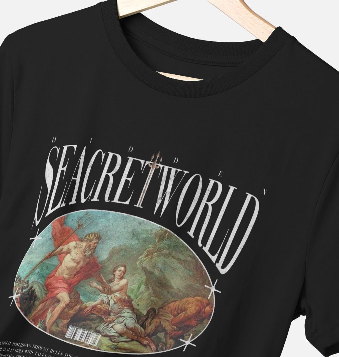 Discover Seacret’s Men's Organic Cotton T-Shirt featuring Poseidon, God of the Sea. This sustainable, super soft tee supports marine conservation and helps fight marine plastic pollution in the ocean. Stay stylish and eco-friendly knowing this can be recycled men's t-shirt, perfect for ocean lovers. 