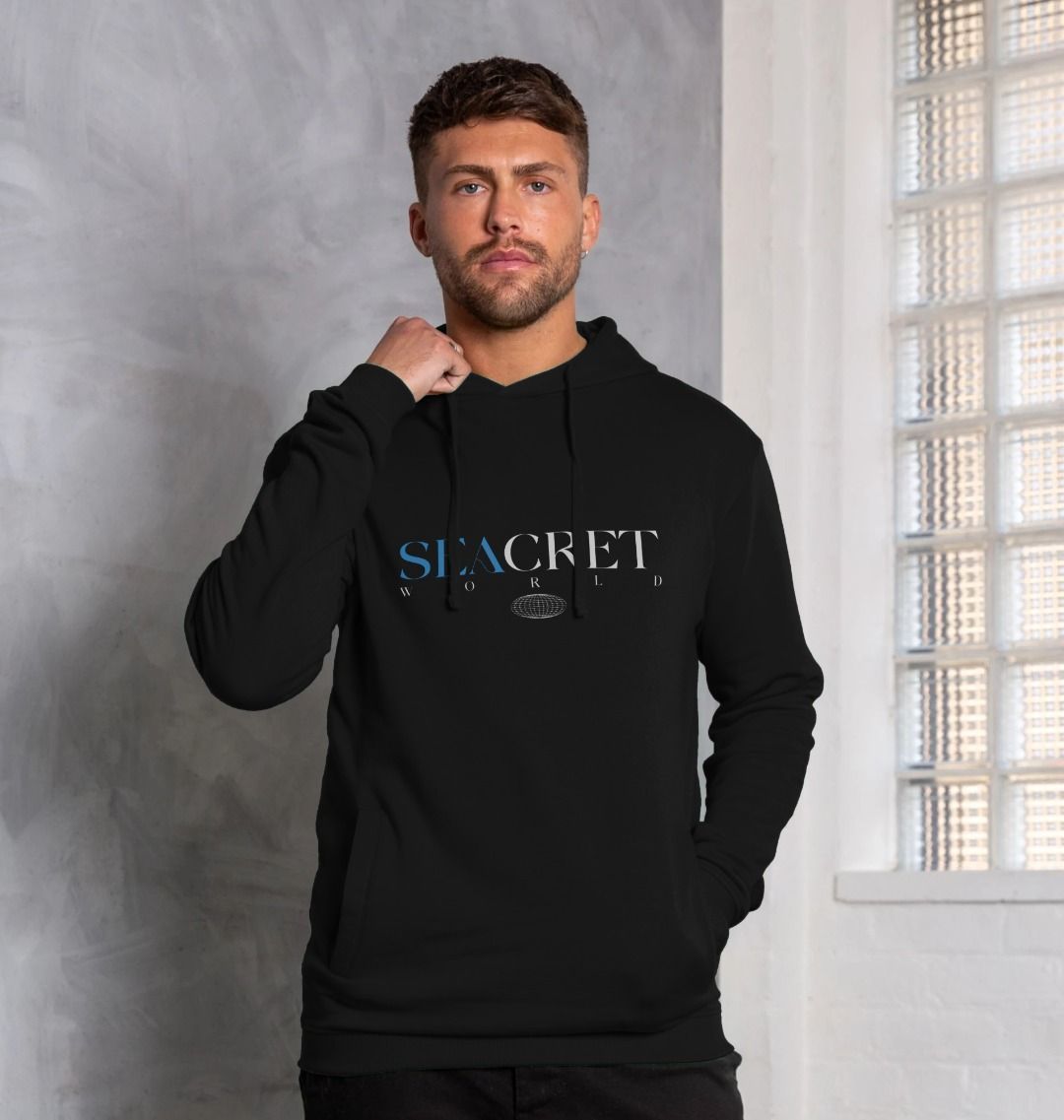 Our men's super soft hoodie features a large back print with coral design and "Inspire, Connect, Protect" message. Made from sustainable organic cotton and recycled materials, it promotes marine conservation and combats marine plastic pollution in the ocean. Shop now for sustainable organic clothing that supports marine conservation!